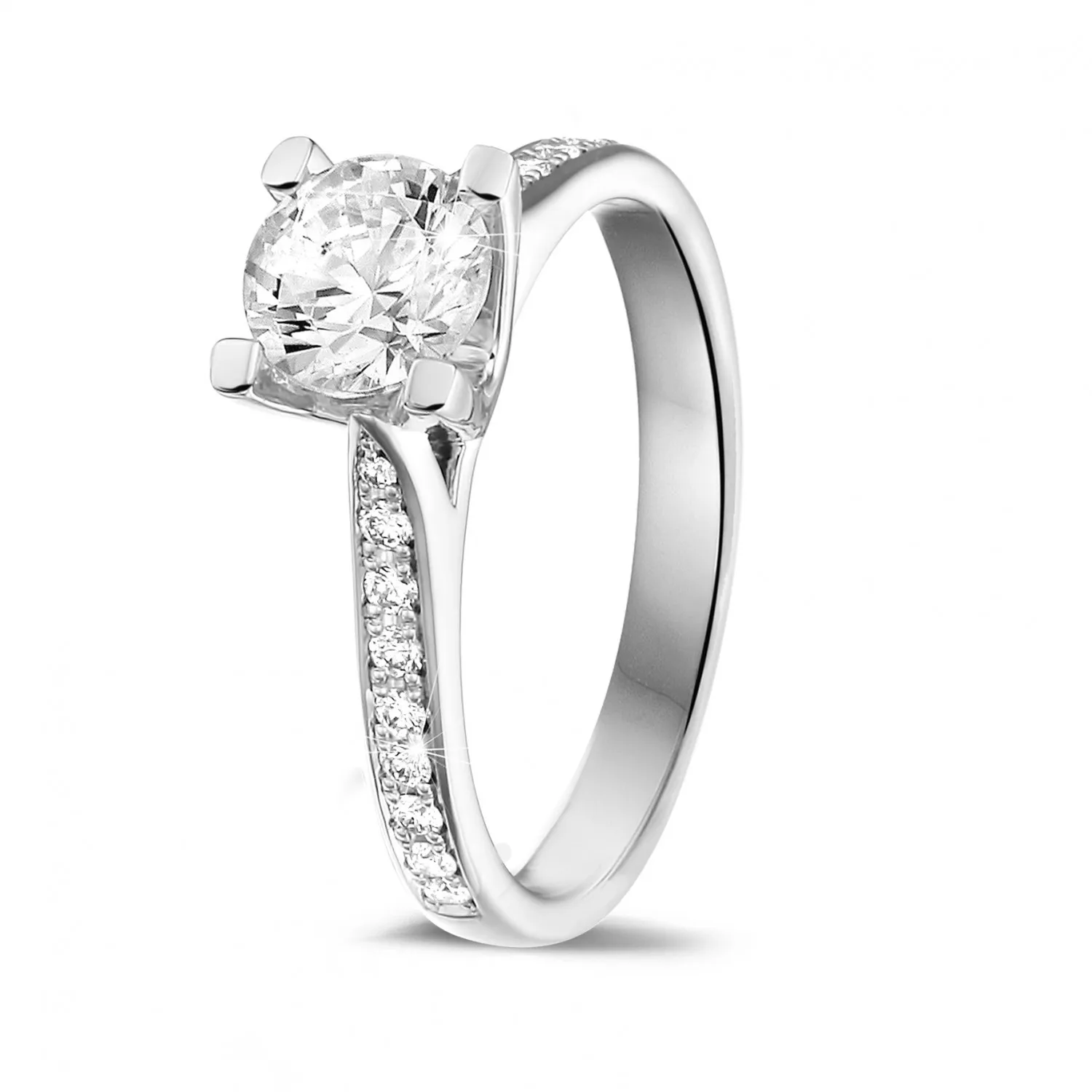 0.90 quilates anillo solitario diamante en oro blanco con diamantes en los lados 