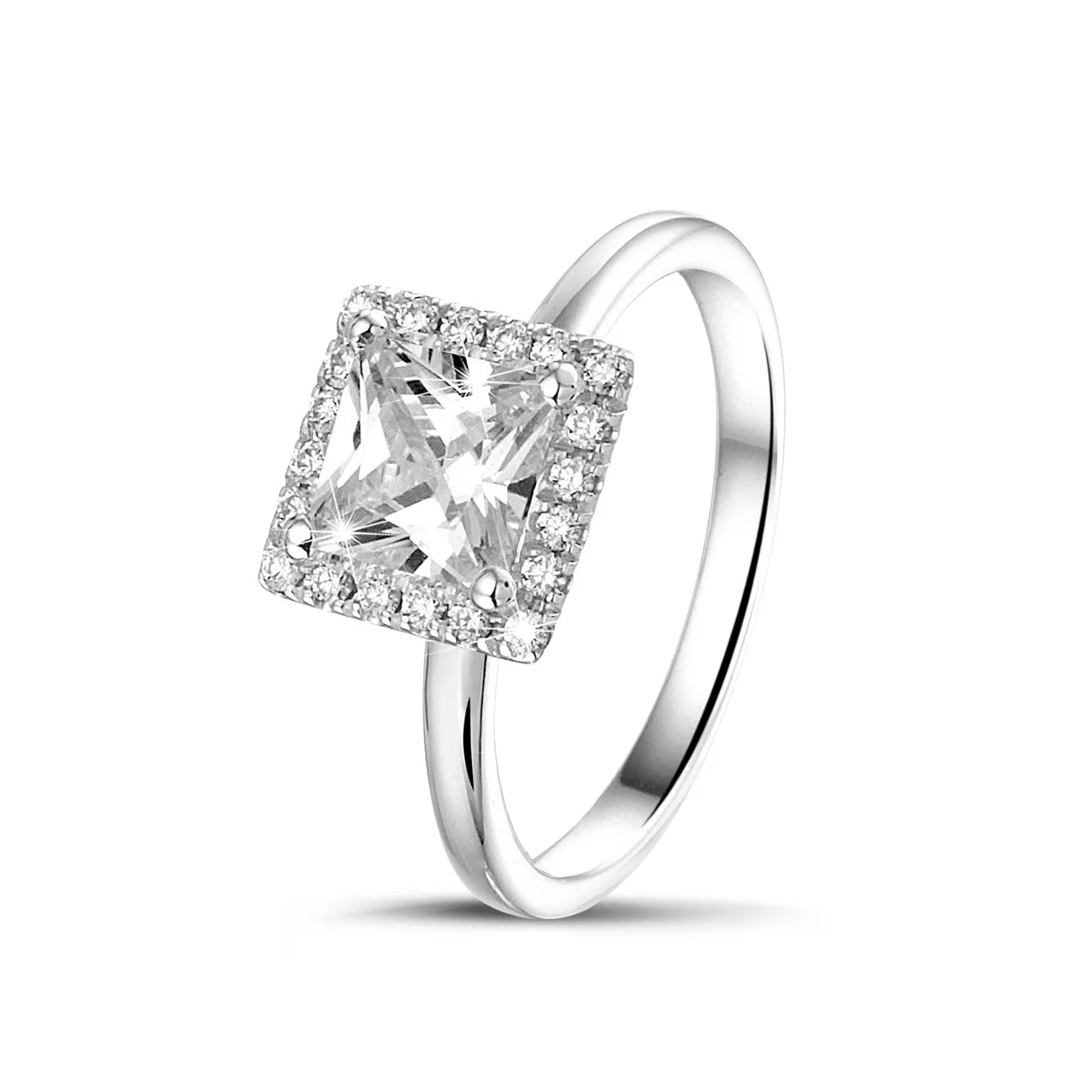 1.00 quilateshalo anillo solitario diamante princesa en oro blanco con diamantes redondos 