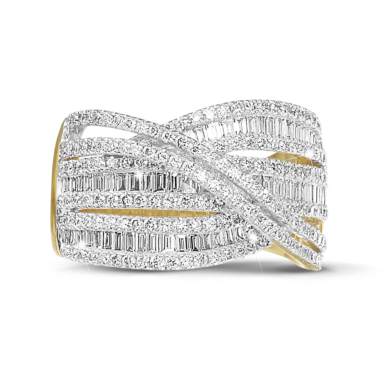 1.35 quilates anillo en oro amarillo con diamantes redondos y de talla baguette 