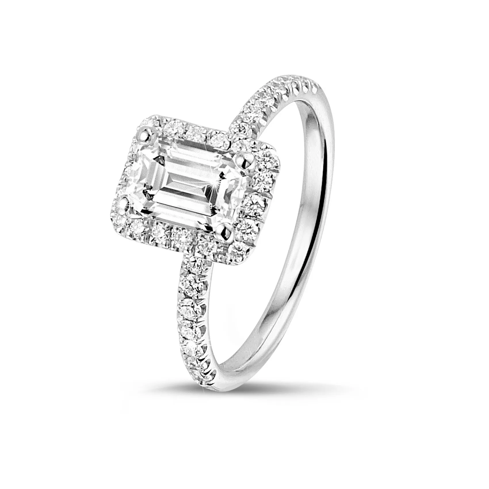1.50 quilates halo anillo solitario con diamante talla esmeralda en oro blanco con diamantes redondos 