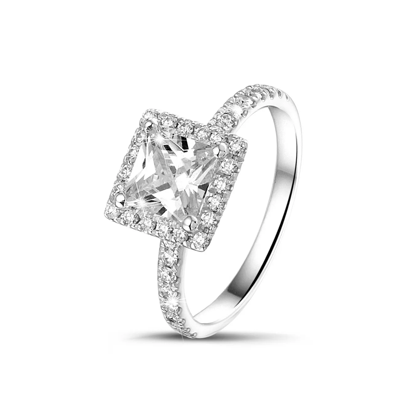 1.50 quilateshalo anillo solitario diamante princesa en oro blanco con diamantes redondos 