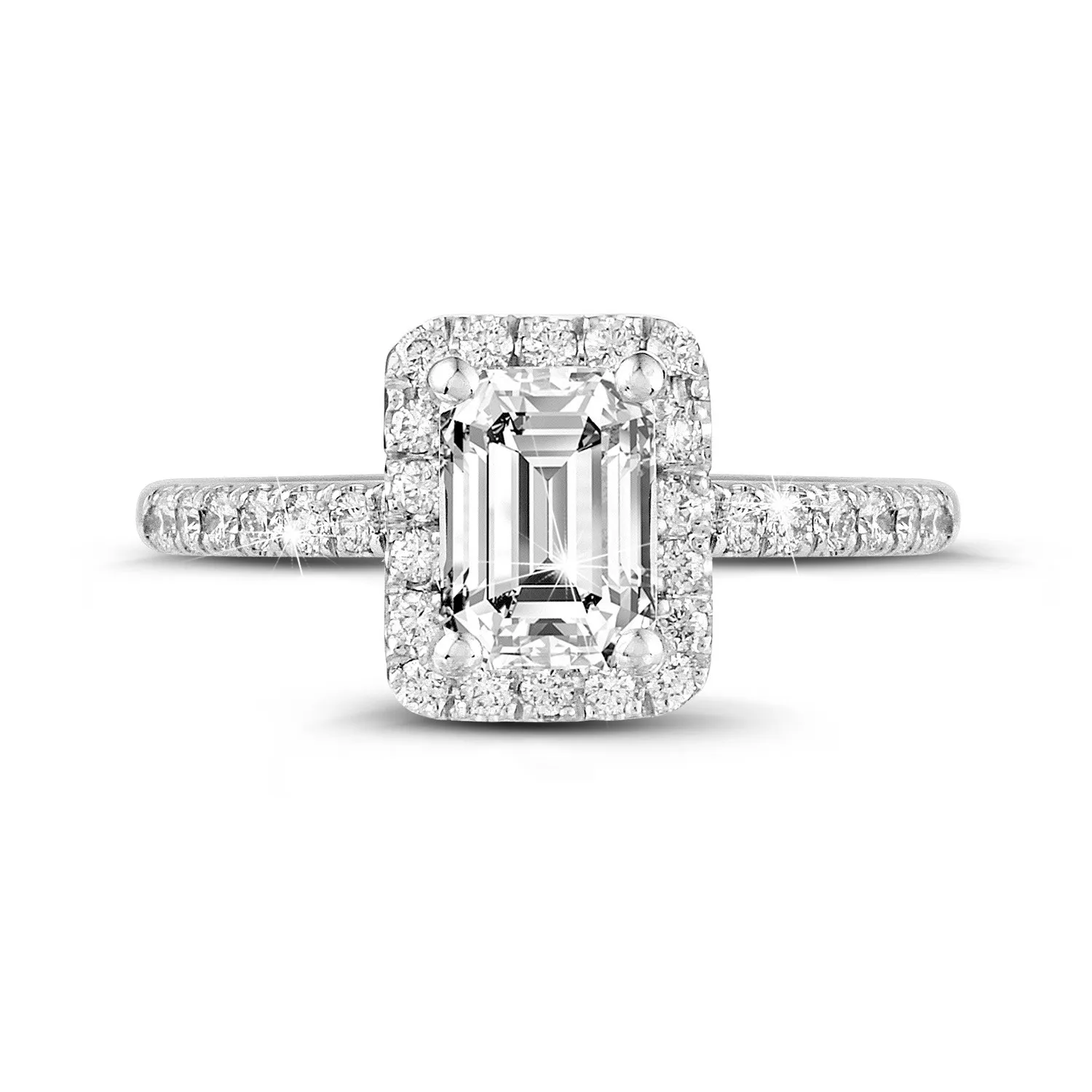 2.00 quilates halo anillo solitario con diamante talla esmeralda en oro blanco con diamantes redondos 