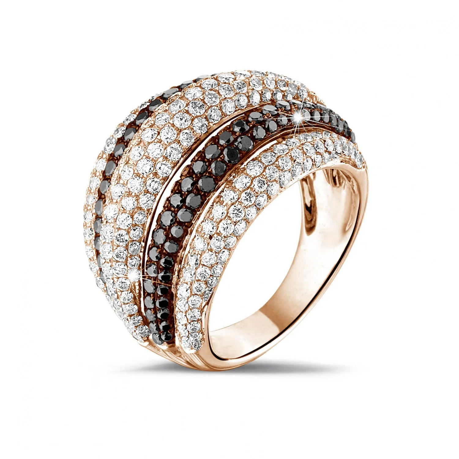 4.30 quilates anillo en oro rojo con diamantes redondos blancos y negros 