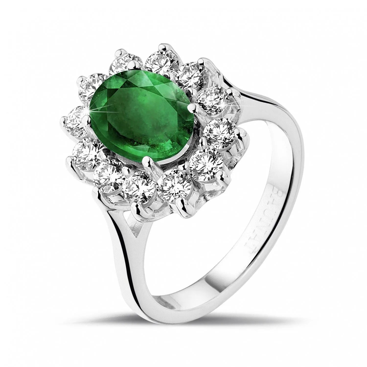 Anillo « entourage » en oro blanco con esmeralda ovalada y diamantes redondos 