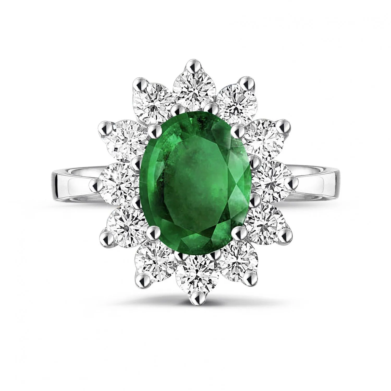 Anillo « entourage » en oro blanco con esmeralda ovalada y diamantes redondos 