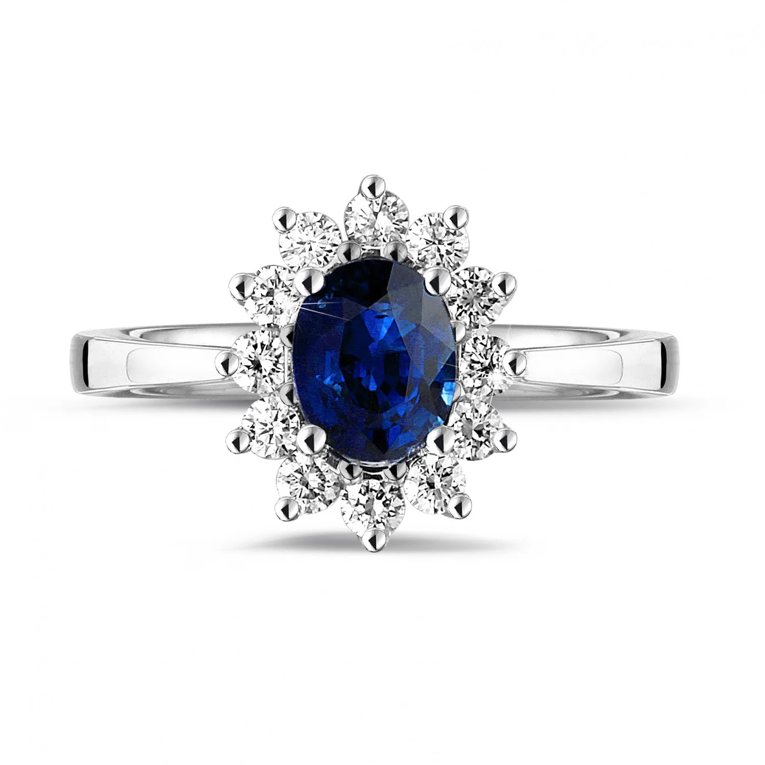 Anillo « entourage » en oro blanco con zafiro ovalado y diamantes redondos 