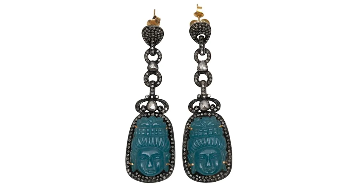 Autre Marque Pendientes colgantes de jade teal y diamantes pavé Bavna tallados 
