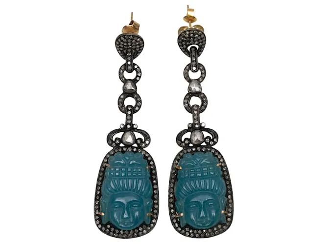 Autre Marque Pendientes colgantes de jade teal y diamantes pavé Bavna tallados 