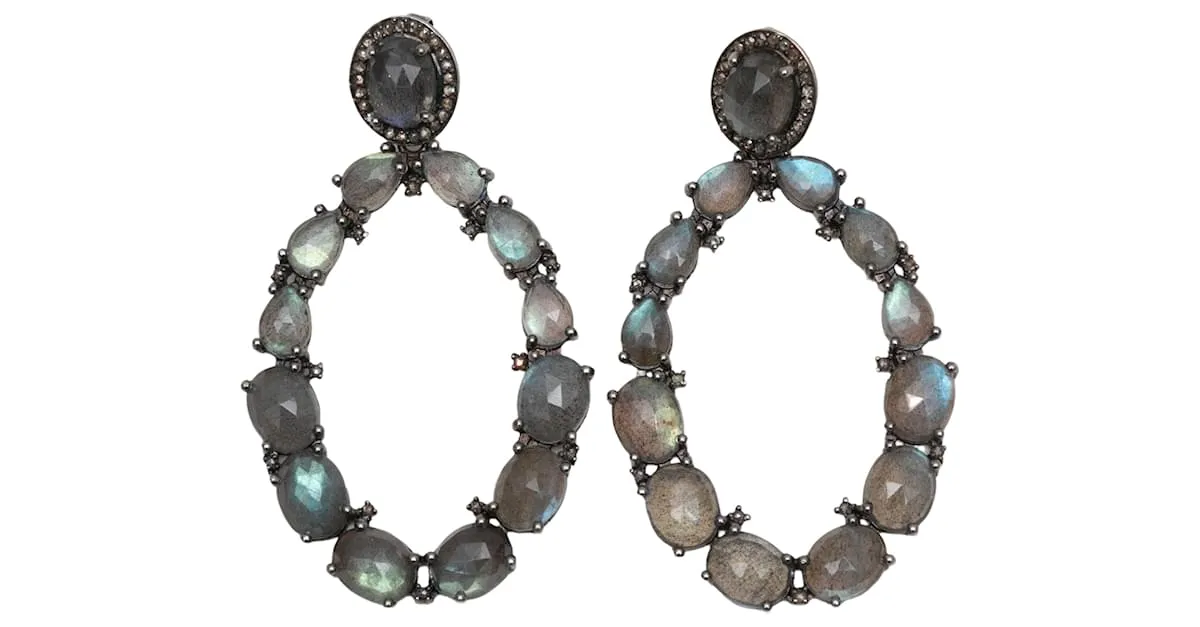 Autre Marque Pendientes perforados grandes de labradorita Bavna iridiscente y diamantes pavé 