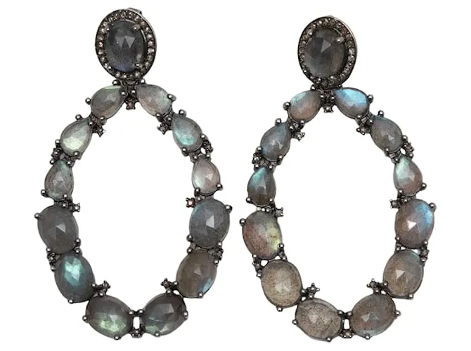 Autre Marque Pendientes perforados grandes de labradorita Bavna iridiscente y diamantes pavé 