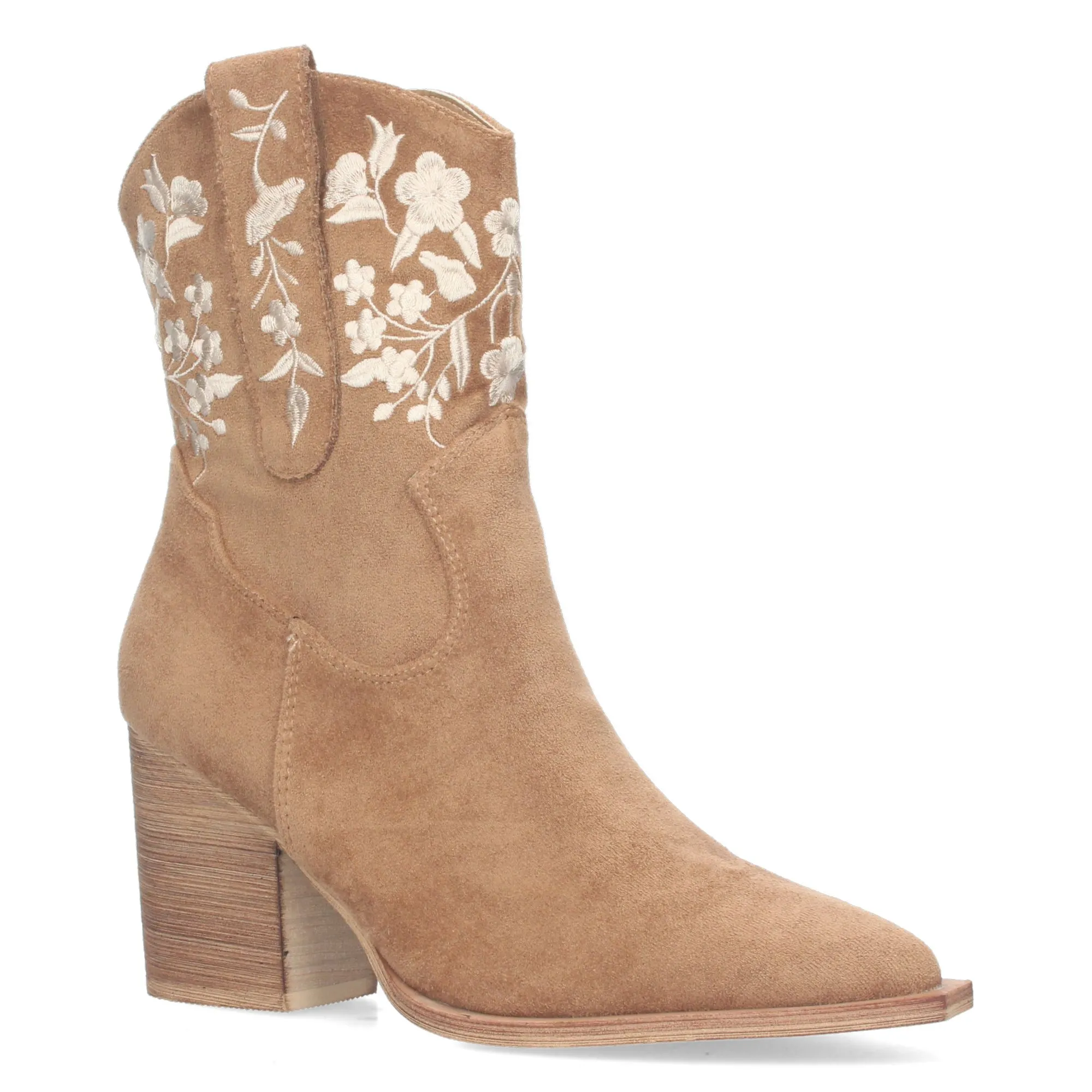 BOTINES TACóN MEDIO CóMODO BORDADO FLORES MUJER CAMEL A3008
