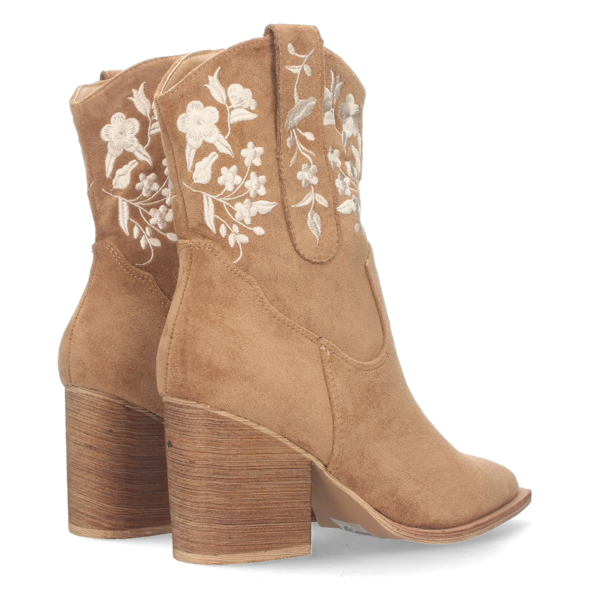 BOTINES TACóN MEDIO CóMODO BORDADO FLORES MUJER CAMEL A3008