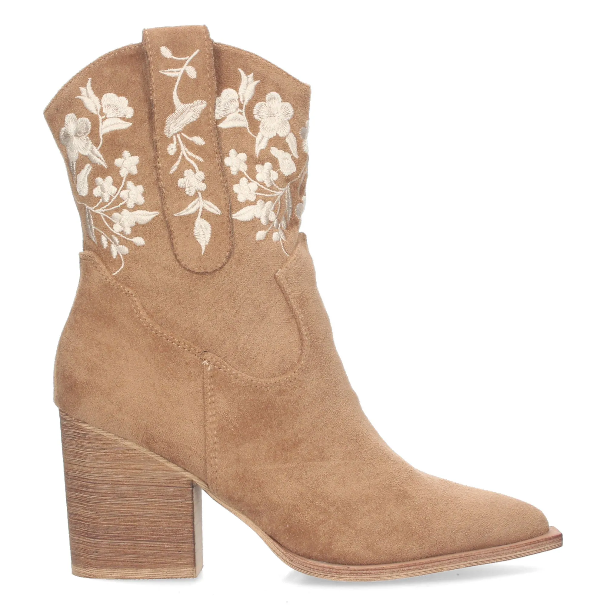 BOTINES TACóN MEDIO CóMODO BORDADO FLORES MUJER CAMEL A3008