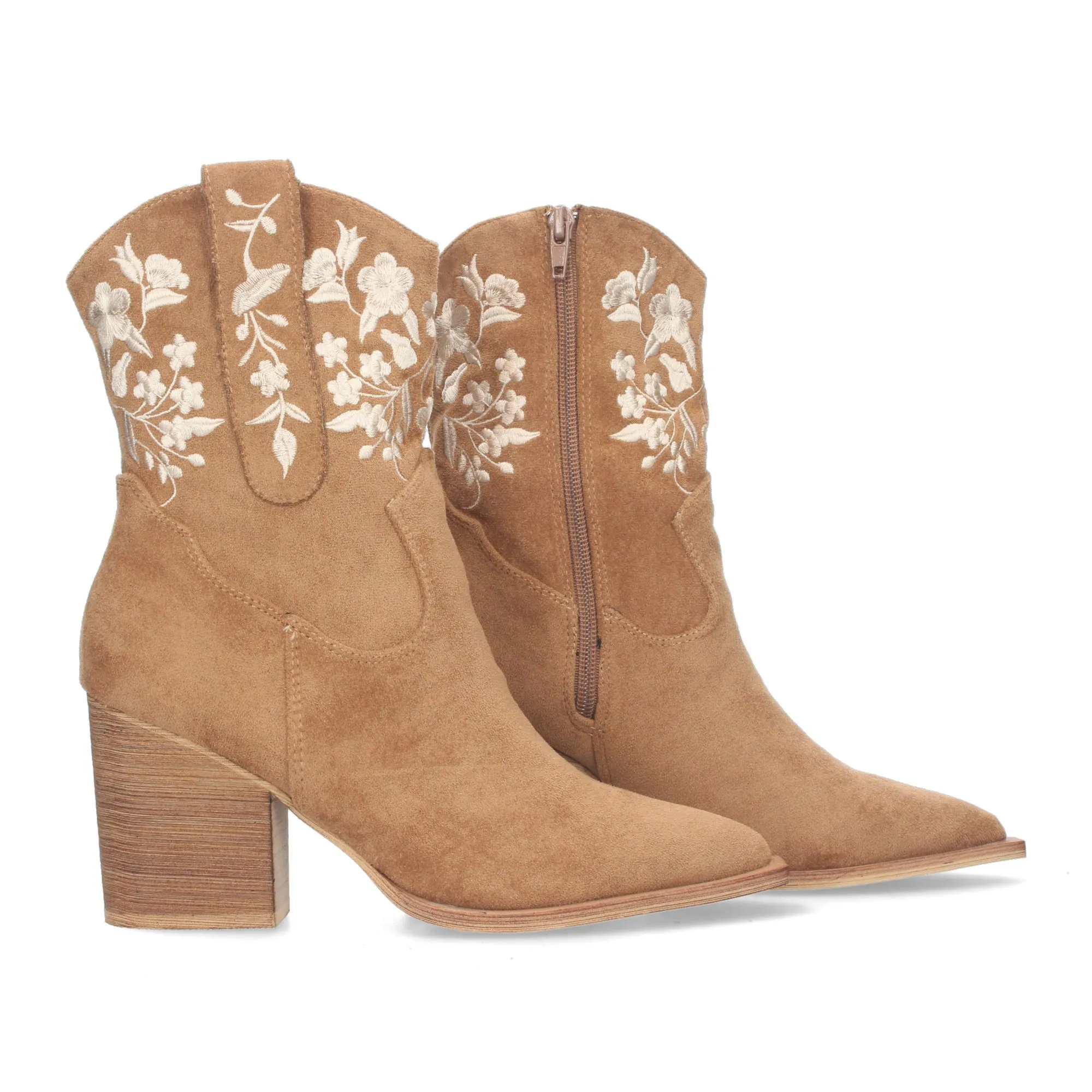BOTINES TACóN MEDIO CóMODO BORDADO FLORES MUJER CAMEL A3008
