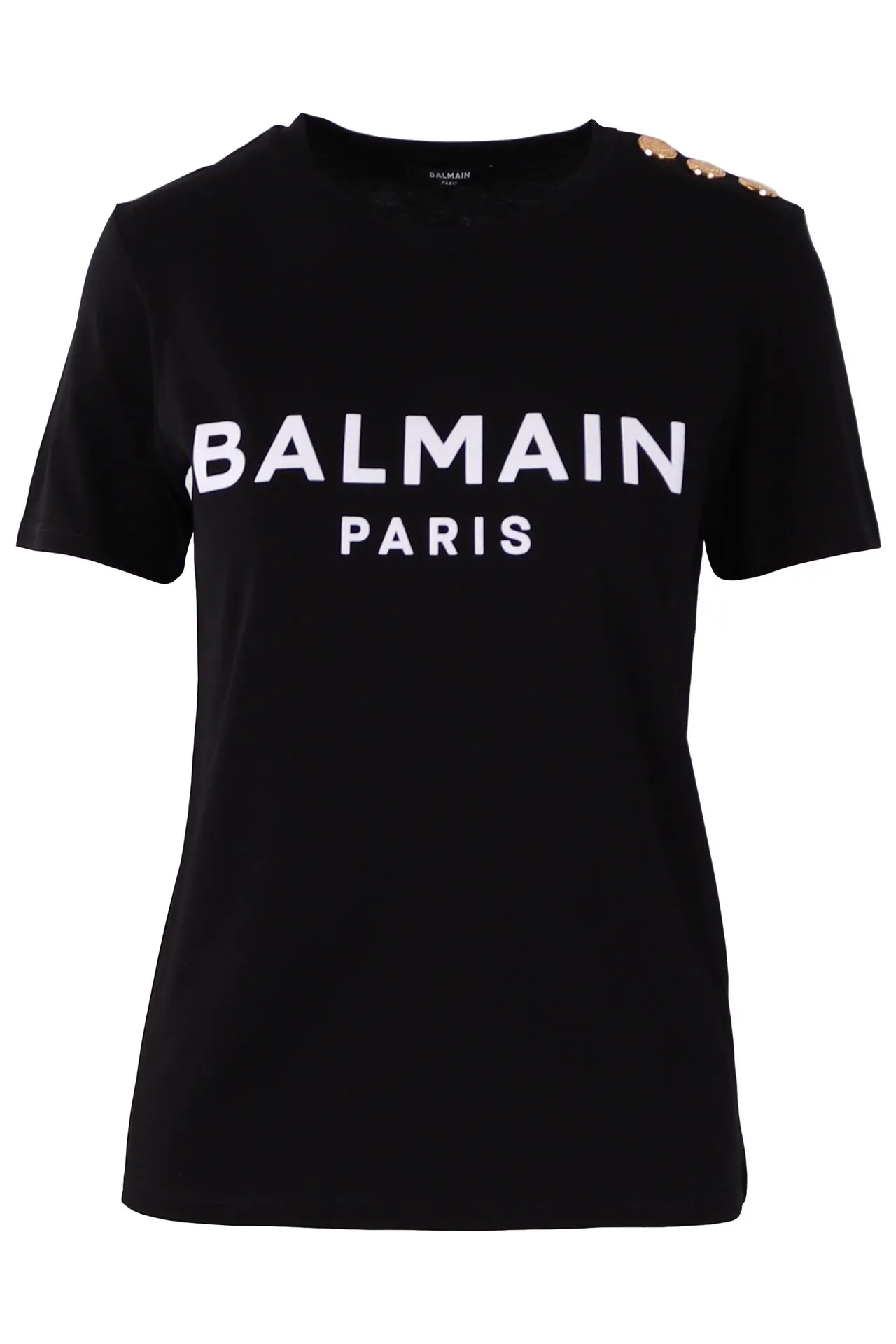 Camiseta Balmain negra con botones y logo terciopelo