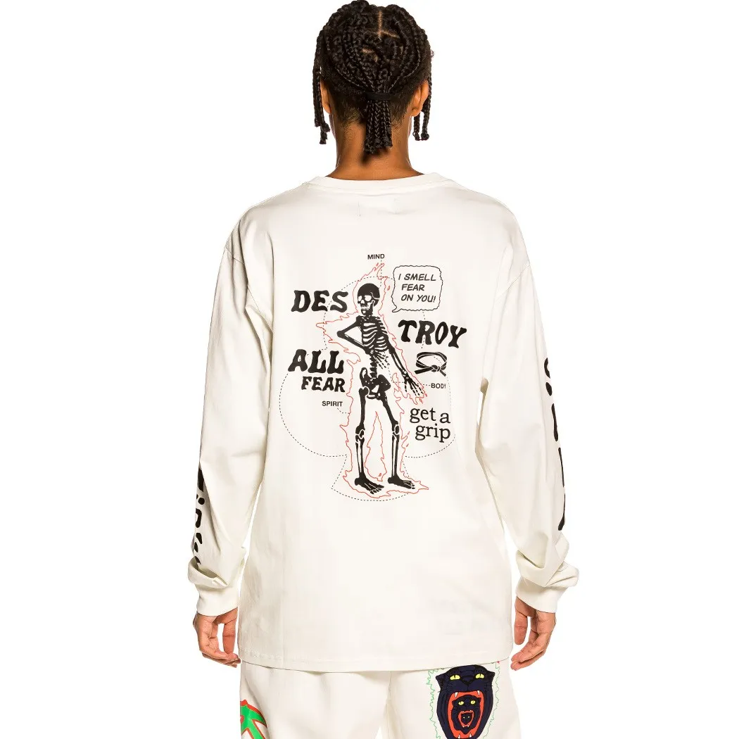CAMISETA GRIMEY MANGA LARGA UNISEX  “DESTROY ALL FEAR” – WHITE | FALL 21 REF. GLS139BLU BLANCA ESQUELETO