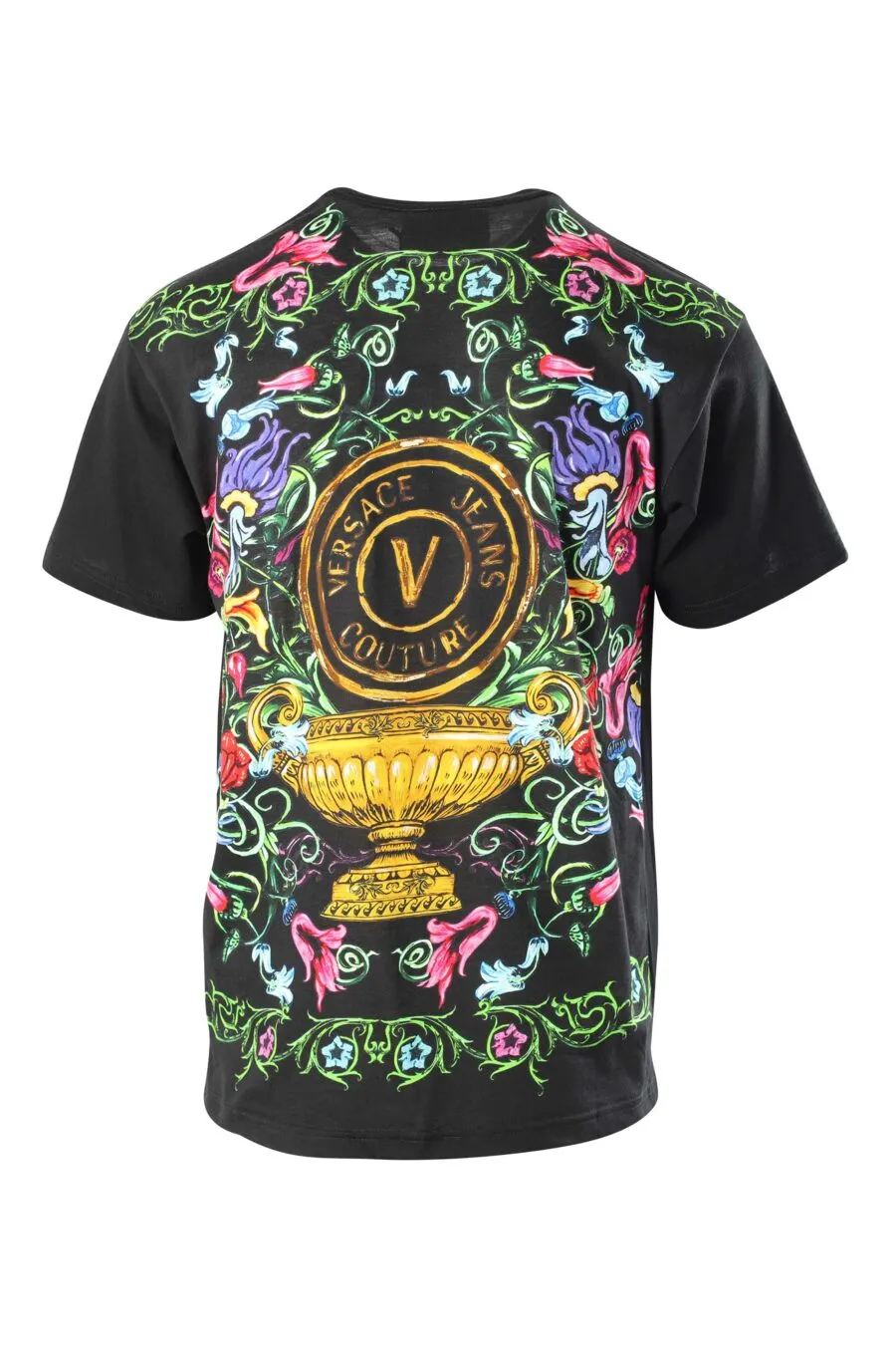 Camiseta negra con bolsillo multicolor flores