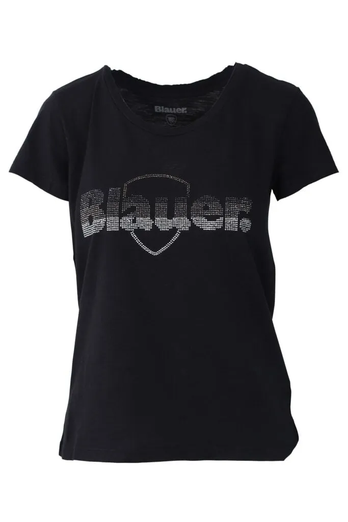 Camiseta negra con maxilogo bordado en strass