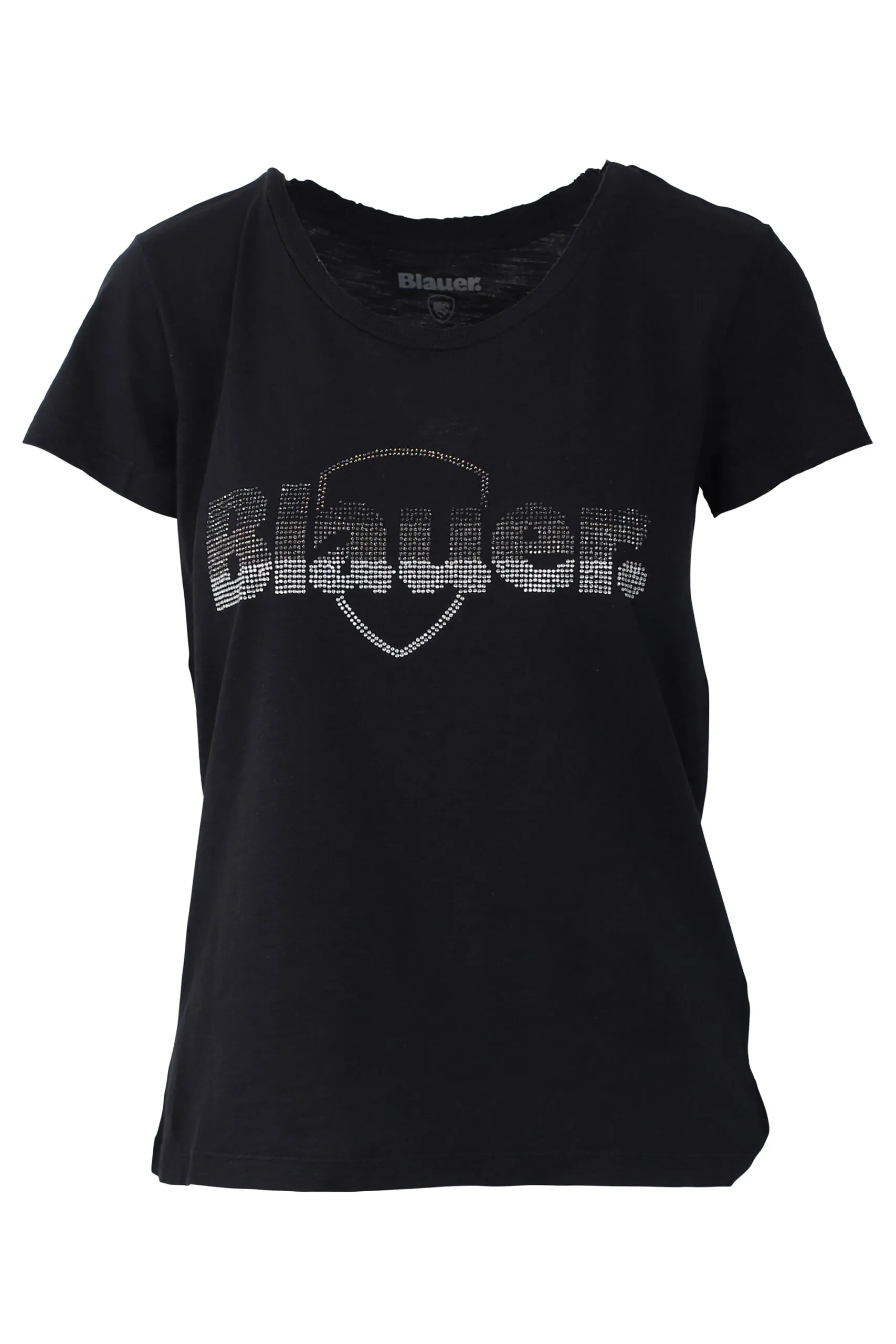 Camiseta negra con maxilogo bordado en strass