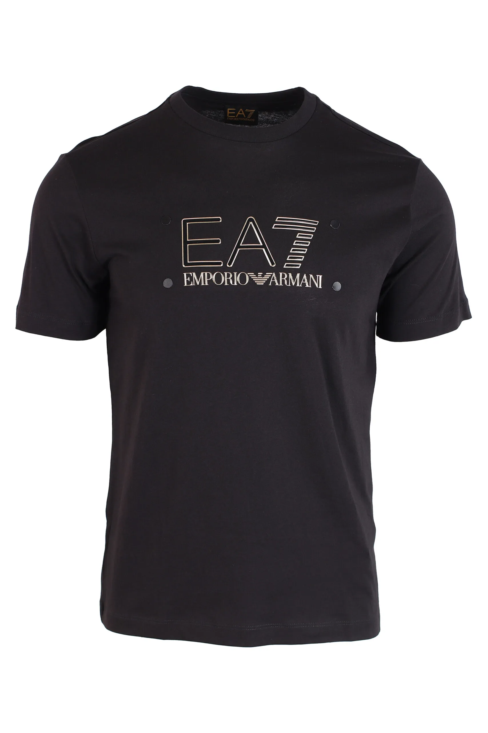 Camiseta negra con maxilogo dorado y puntos