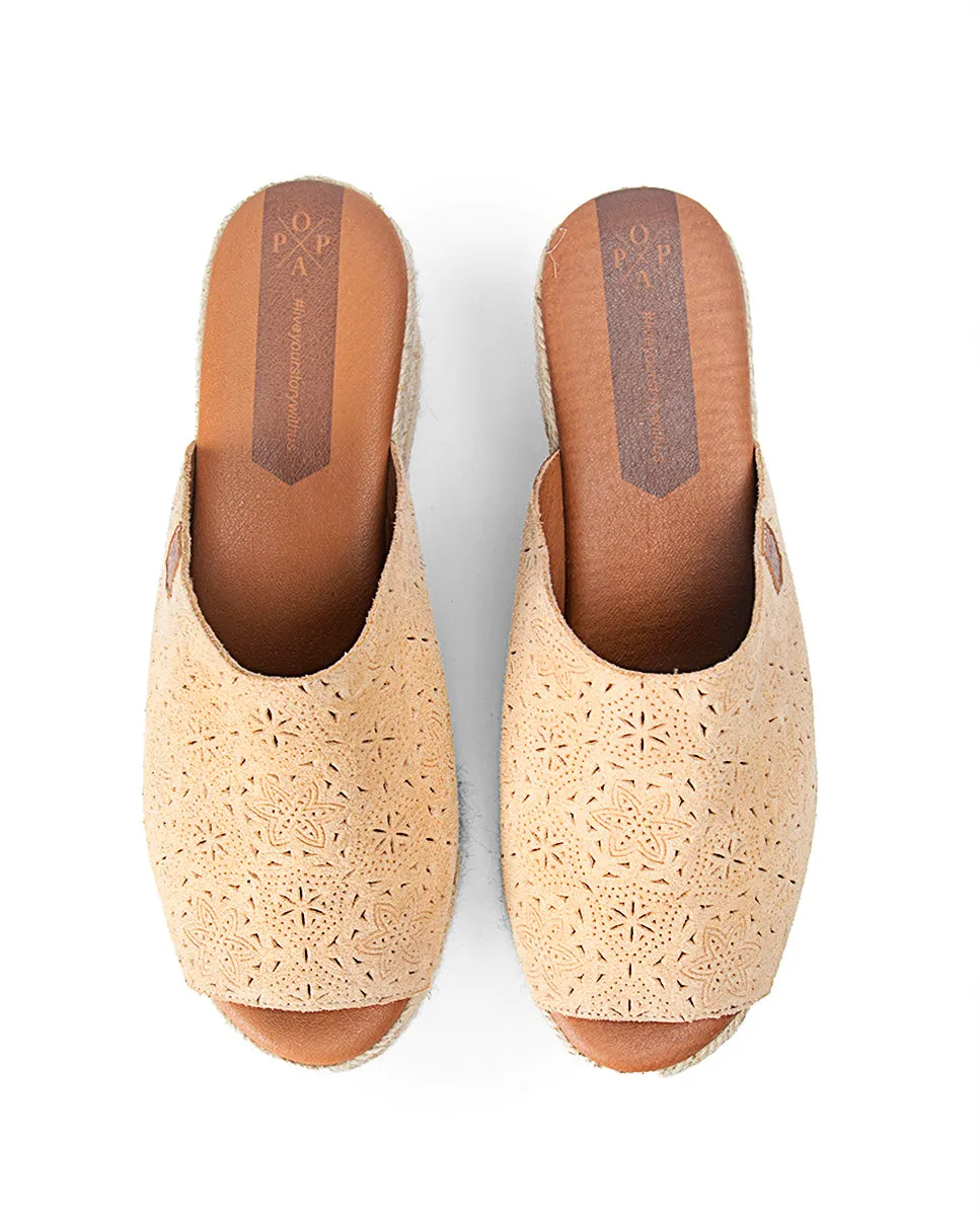 Cuña Baja Yute Arenita Grabado Beige