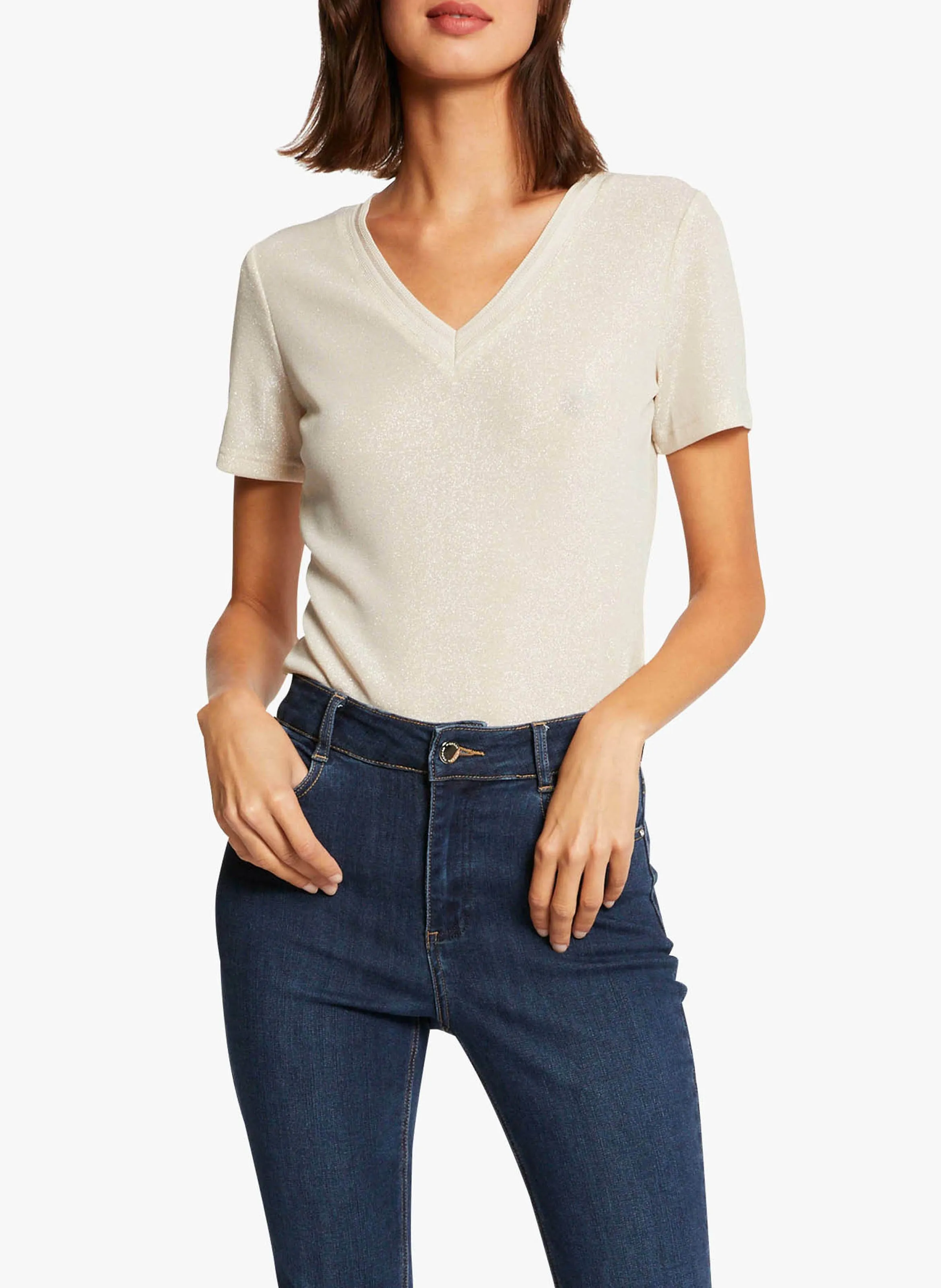 MORGAN DIWI  CAMISETA METALIZADA CON CUELLO DE PICO EN BEIGE