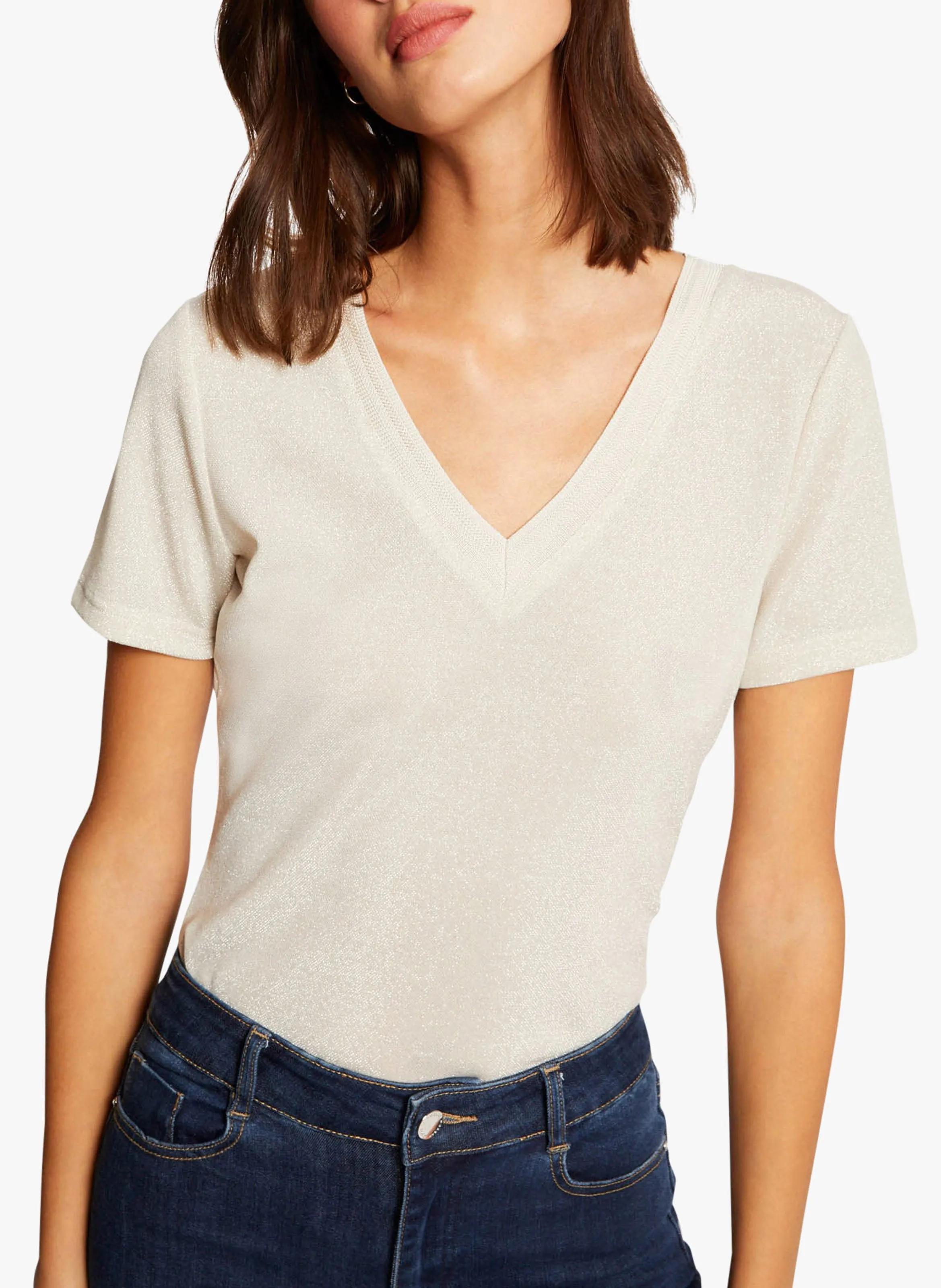 MORGAN DIWI  CAMISETA METALIZADA CON CUELLO DE PICO EN BEIGE