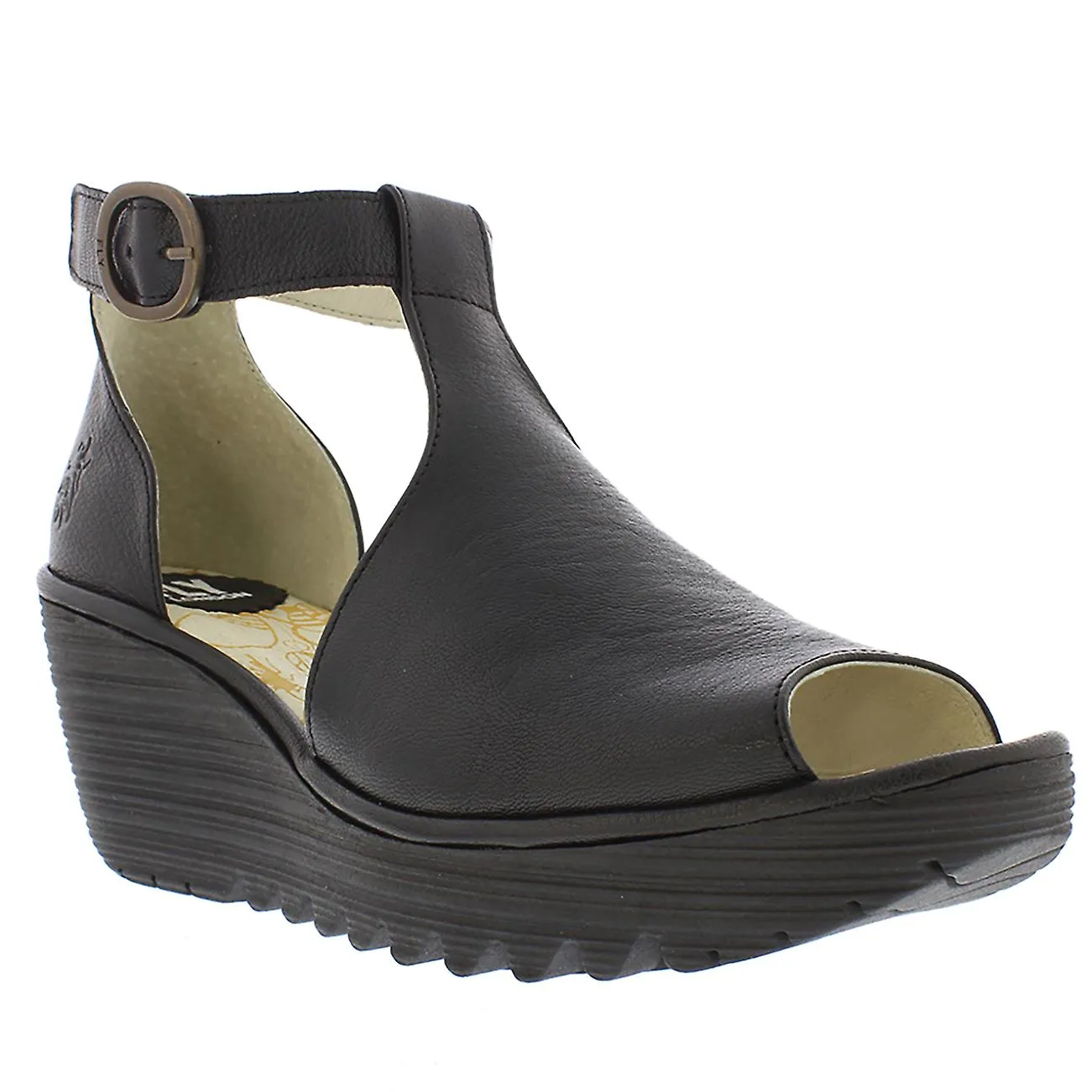 Mujeres volar Londres Yola Mousse cuero Peep Toe cuña talón sandalia de plataforma