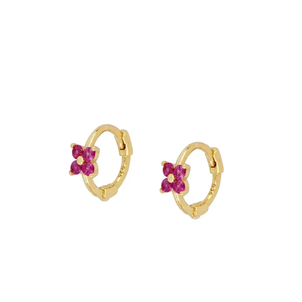 Pendiente Aro Mini Flor Fucsia Oro