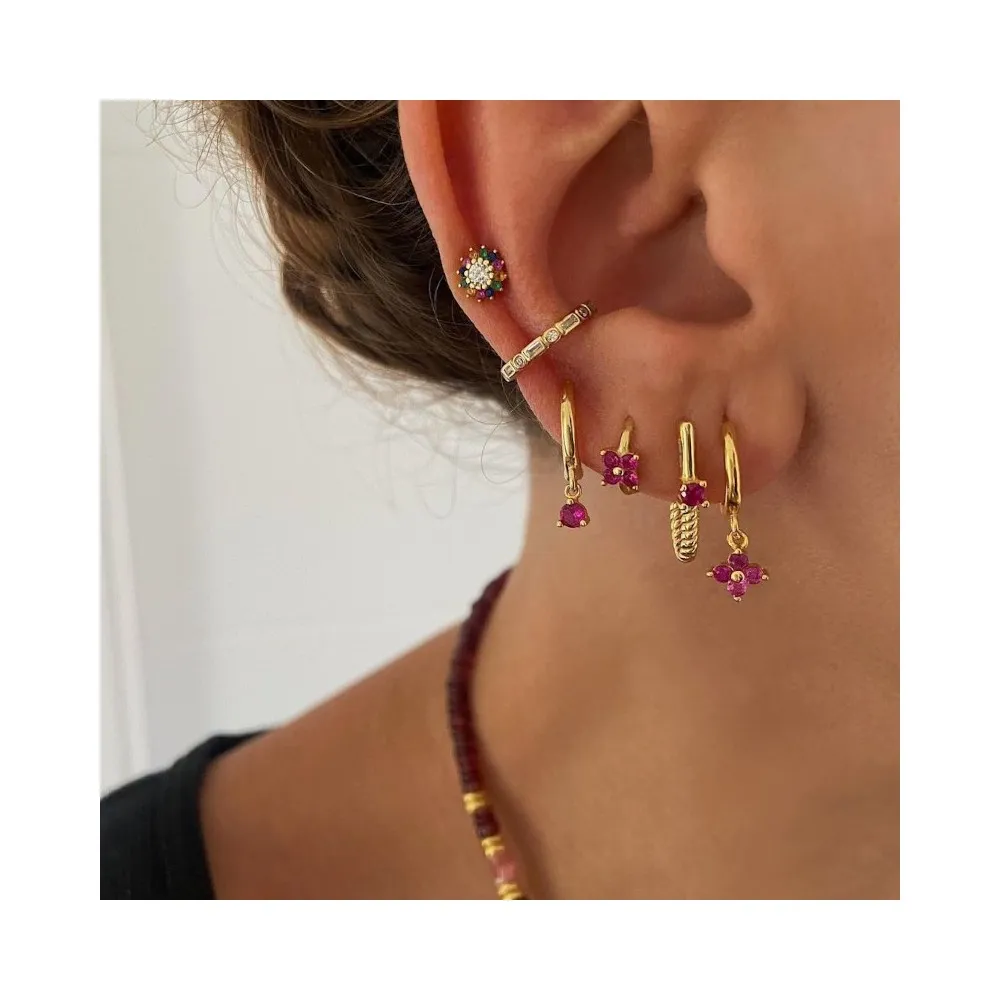 Pendiente Aro Mini Flor Fucsia Oro