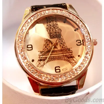 Retro Rhinestone Trim  Eiffel Tower Watch 