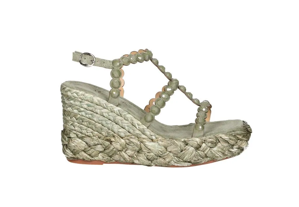 Sandalia Nobuck Kaki Tiras Tachas Redondas Cuña Alta Esparto