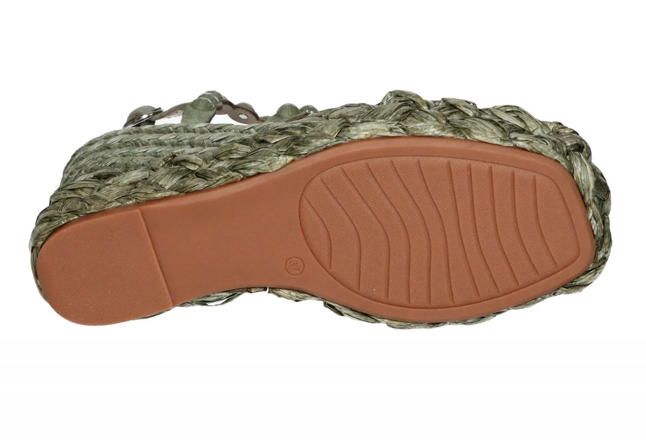 Sandalia Nobuck Kaki Tiras Tachas Redondas Cuña Alta Esparto