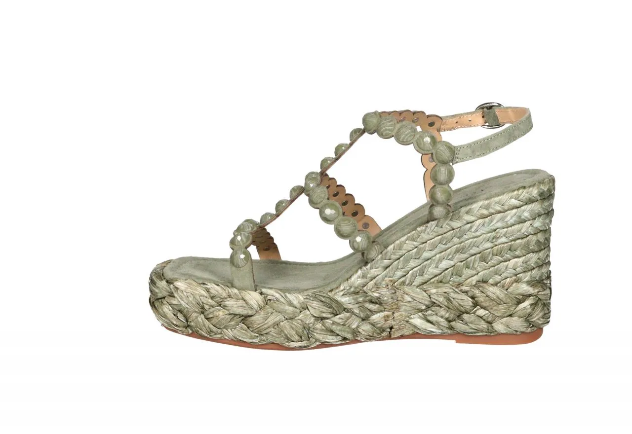 Sandalia Nobuck Kaki Tiras Tachas Redondas Cuña Alta Esparto