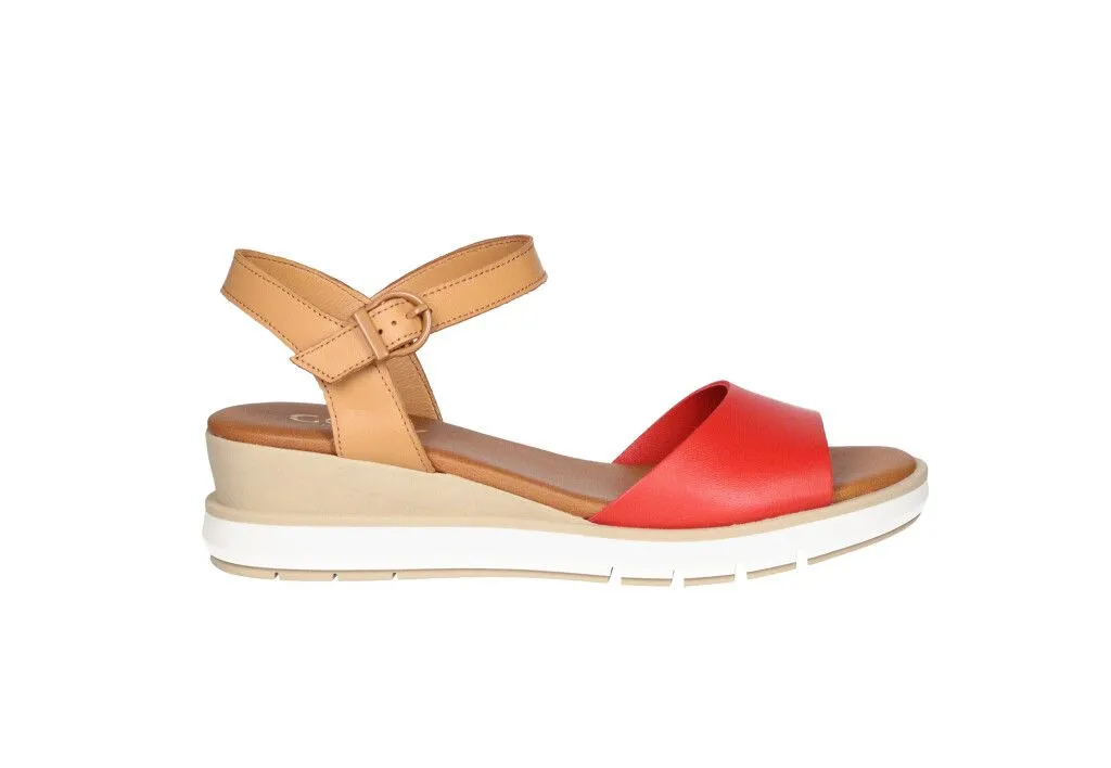 Sandalia Piel Rojo Pulsera Camel CuÑa Piso Goma
