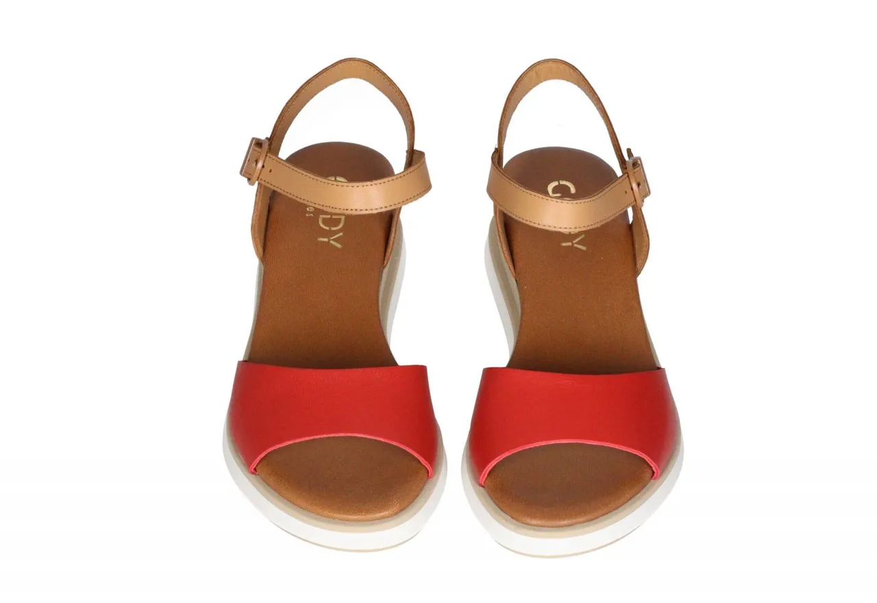 Sandalia Piel Rojo Pulsera Camel CuÑa Piso Goma