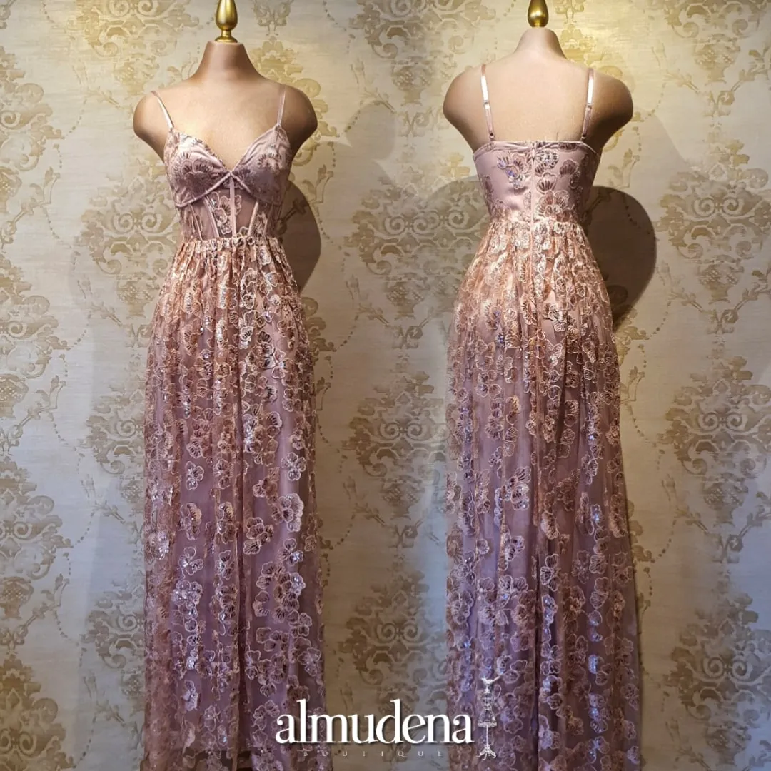 Vestido Rosa Palo Largo Encaje Elegante