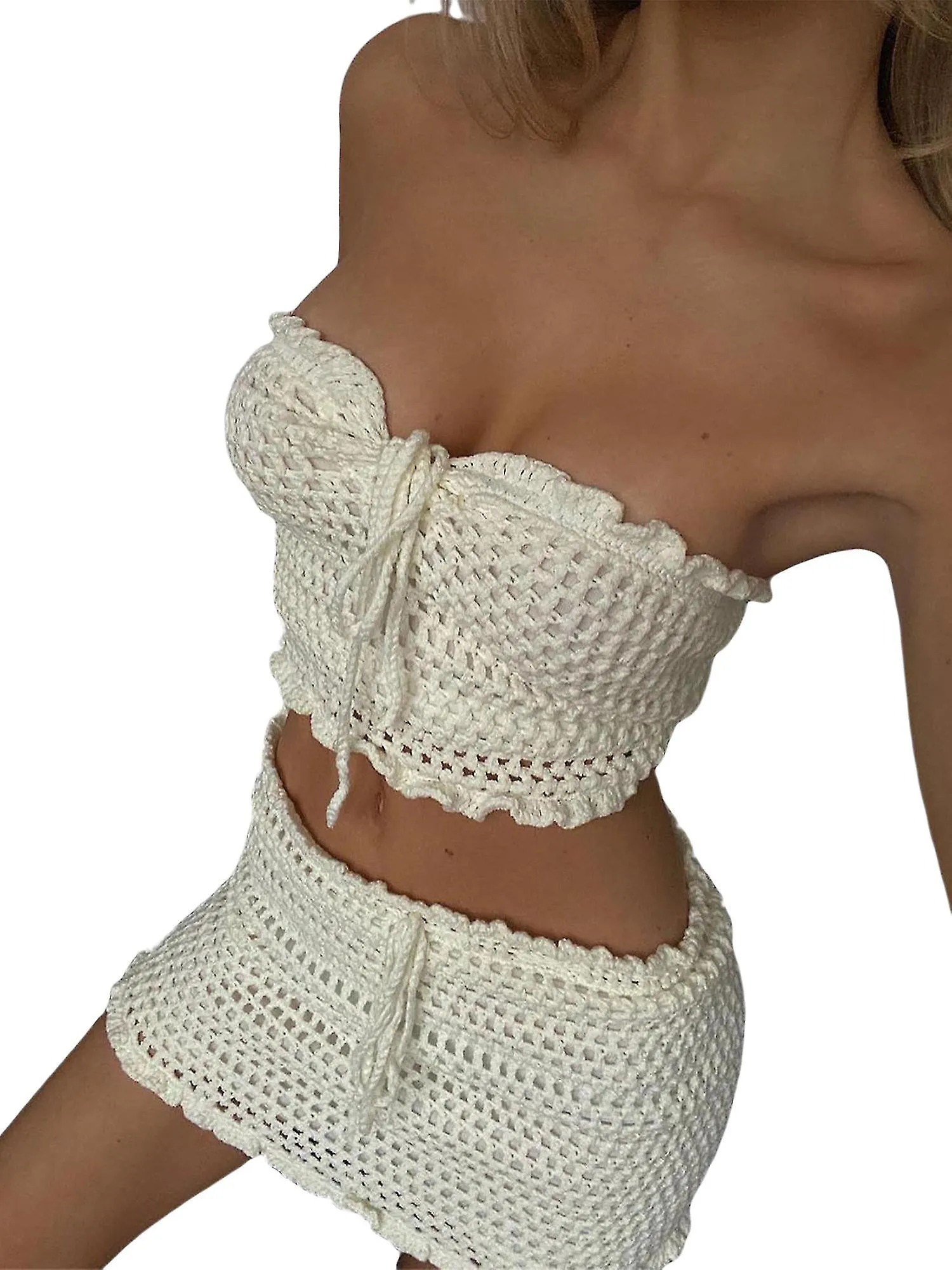 WOMEN CASUAL SUIT SOLID BACKLESS STRAPLESS TOPS HOLLOWOUT RUFFLED SHORT SKIRT CLOTHES