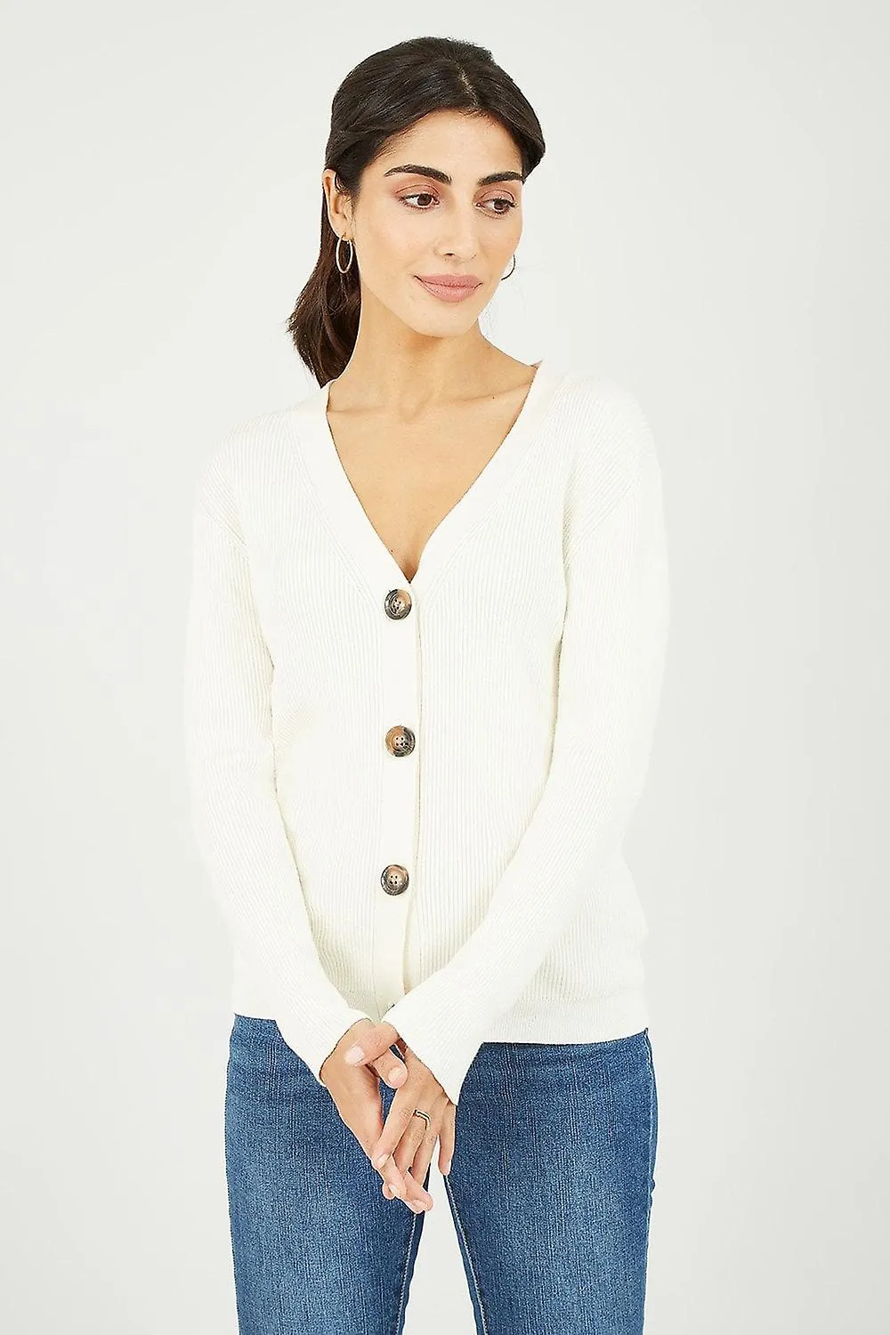 WOMEN'S YUMI CREAM RIBBED VNECK KNITTED CARDIGAN