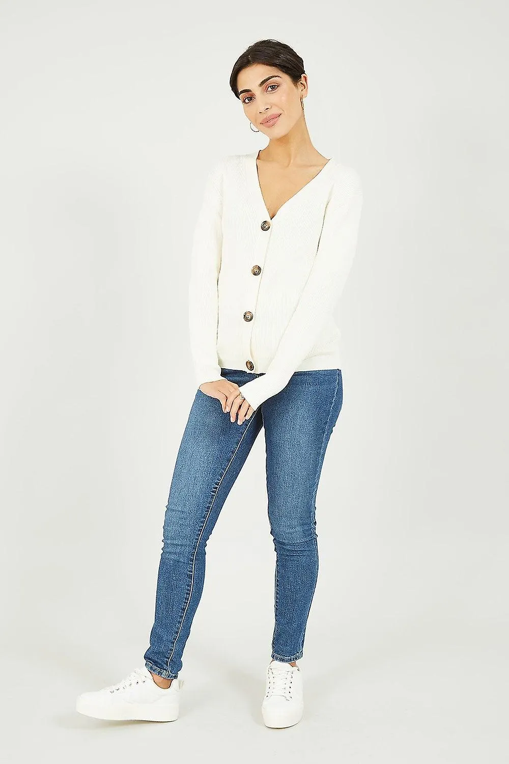 WOMEN'S YUMI CREAM RIBBED VNECK KNITTED CARDIGAN