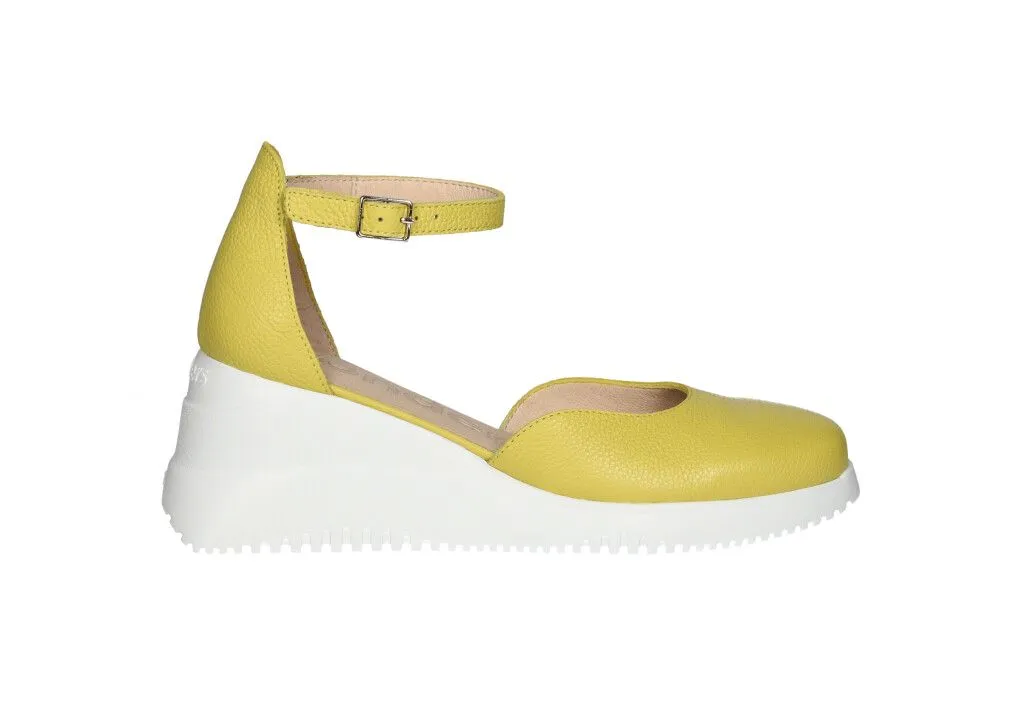 Zapato Piel Amarillo Lados Abierto Pulsera CuÑa Baja Blanca