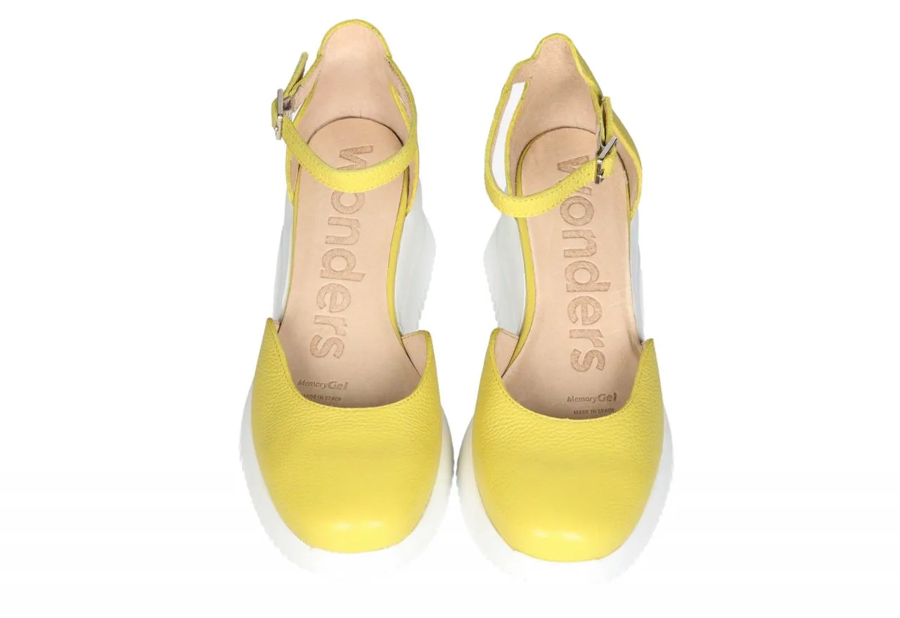 Zapato Piel Amarillo Lados Abierto Pulsera CuÑa Baja Blanca