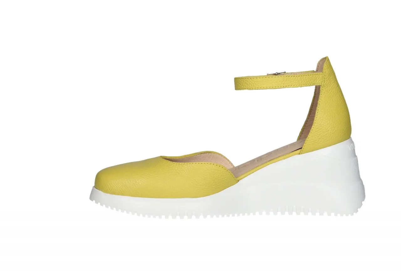 Zapato Piel Amarillo Lados Abierto Pulsera CuÑa Baja Blanca