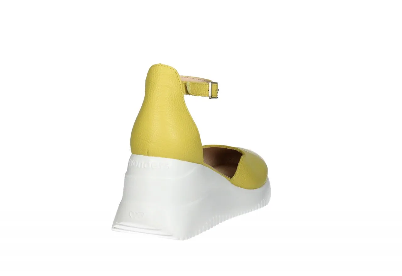 Zapato Piel Amarillo Lados Abierto Pulsera CuÑa Baja Blanca