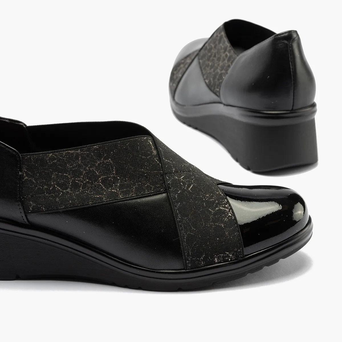 Zapatos Pitillos Mocasín con cuña charol mujer negro P5324